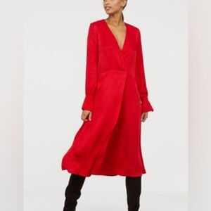 H&M Woman's Jacquard Weave Dress Size 6 V Neck Wrap Over Red Holiday Event